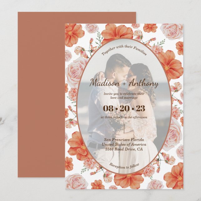 Watercolor Floral Photo Frame Terracotta Wedding Invitation (Front/Back)