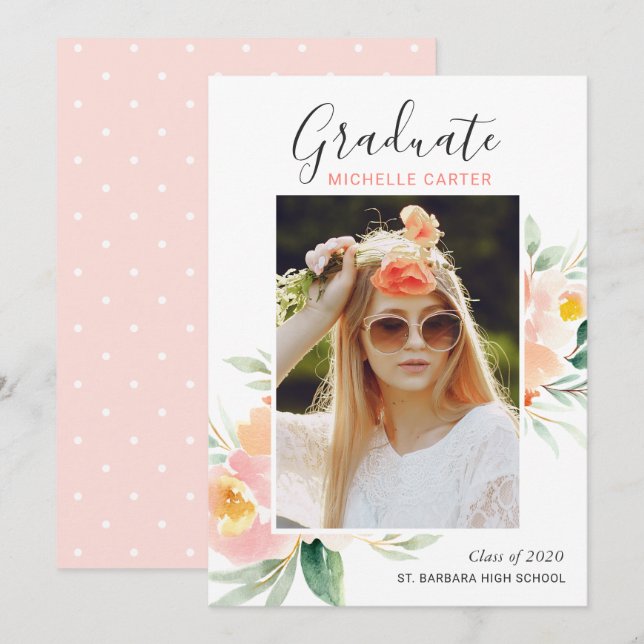 Watercolor Floral Photo Graduation Announcement (Front/Back)