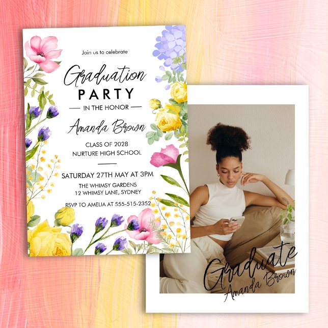 Watercolor Floral Photo Graduation Class of 2025 Invitation (Creator Uploaded)