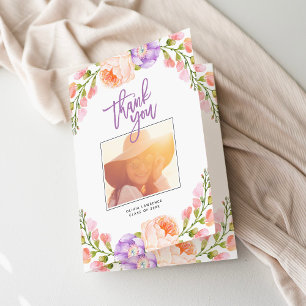 Watercolor Floral Photo Graduation Thank You Card