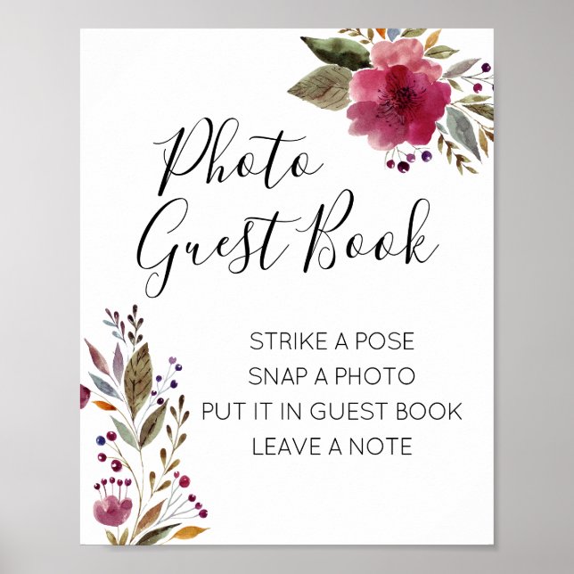 Watercolor Floral Photo Guest Book Wedding Sign (Front)