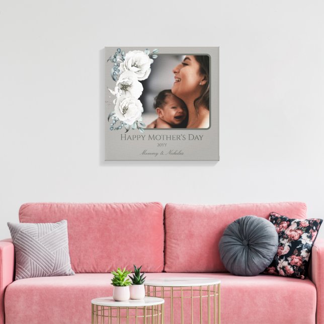 Watercolor Floral Photo Mother's Day | Grey Canvas Print (Insitu(LivingRoom))