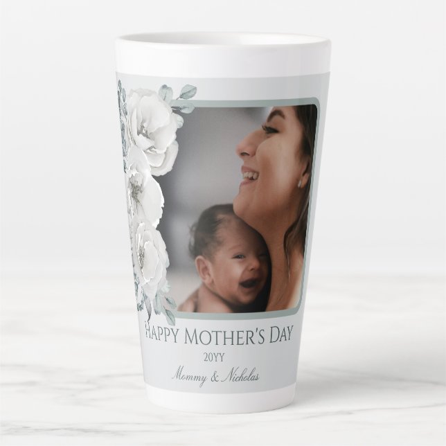 Watercolor Floral Photo Mother's Day Latte Mug (Front)