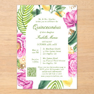 Watercolor Floral Photo QR Code Quinceañera Acrylic Invitations