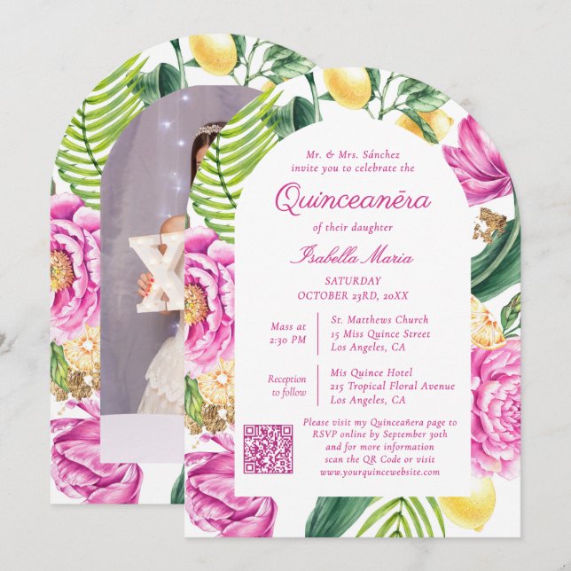 Watercolor Floral Photo QR Code Quinceañera Invitation (Front/Back)