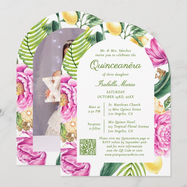 Watercolor Floral Photo QR Code Quinceañera Invitation (Front/Back)