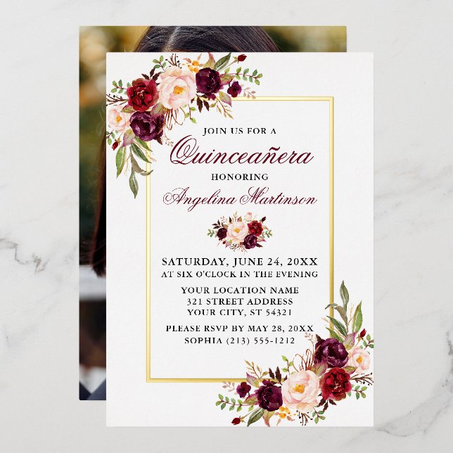 Watercolor Floral Photo Quinceanera Gold (Front/Back)