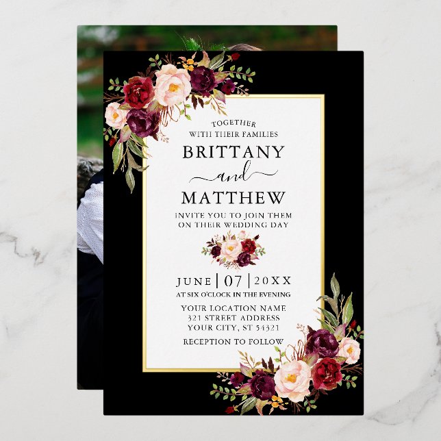 Watercolor Floral Photo Wedding Black Gold (Front/Back)
