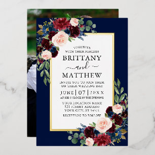 Watercolor Floral Photo Wedding Blue Gold