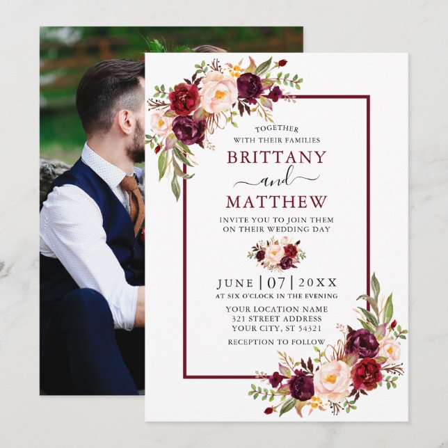 Watercolor Floral Photo Wedding Burgundy Frame Invitation (Front/Back)