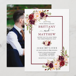 Watercolor Floral Photo Wedding Burgundy Frame Invitation