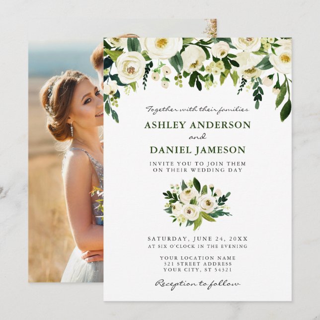Watercolor Floral Photo Wedding Green Invitation (Front/Back)