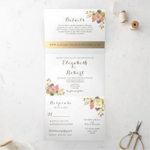 Watercolor Floral Photo Wedding Tri-Fold Invitation