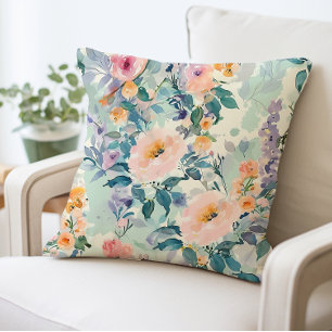 Watercolor Floral Pillow, Elegant Flower Print Cushion