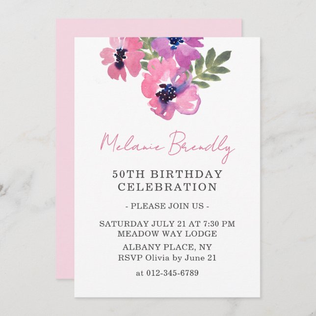 Watercolor Floral Pink 50th Birthday Party Invite  (Front/Back)