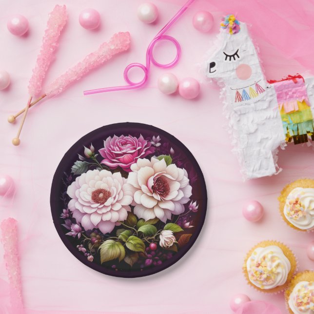 Watercolor Floral Pink and Purple Flowers Paper Plate (Party)