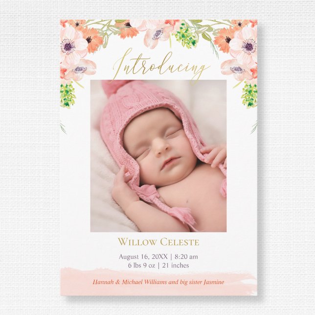 Watercolor Floral Pink Baby Girl Photo Birth Announcement (Creator Uploaded)
