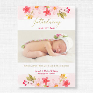 Watercolor Floral Pink Baby Girl Photo Birth Announcement