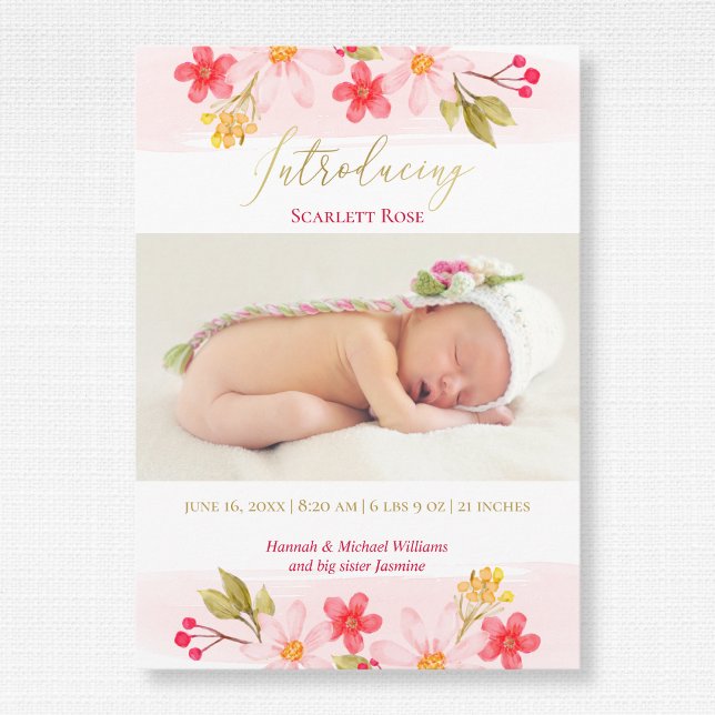 Watercolor Floral Pink Baby Girl Photo Birth Announcement (Creator Uploaded)