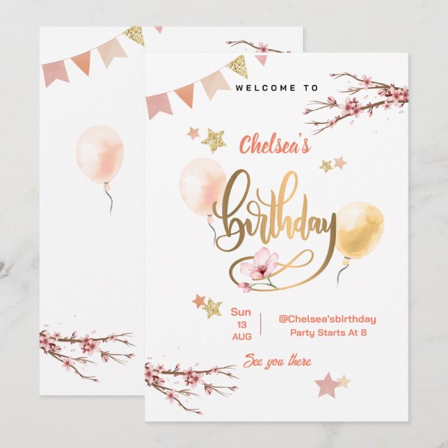 Watercolor Floral Pink Balloons Birthday  Invitation (Front/Back)