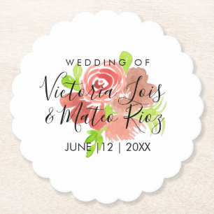 Watercolor Floral Pink Beige Blush Leaf Wedding   Paper Coaster