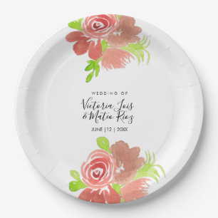 Watercolor Floral Pink Beige Blush Leaf Wedding Paper Plate