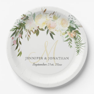 Watercolor Floral Pink Beige Ivory Wreath Wedding Paper Plate