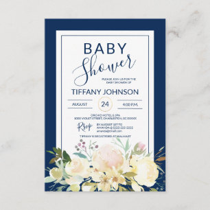 Watercolor Floral Pink Beige Navy Blue Baby Shower Invitation