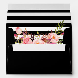 Watercolor Floral Pink Black Stripes Wedding Envelope