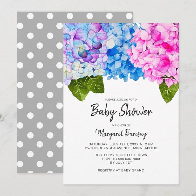 Watercolor Floral Pink Blue Baby Shower Invitation (Front/Back)