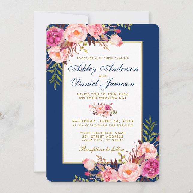 Watercolor Floral Pink Blue Gold Wedding W Invitation (Front)
