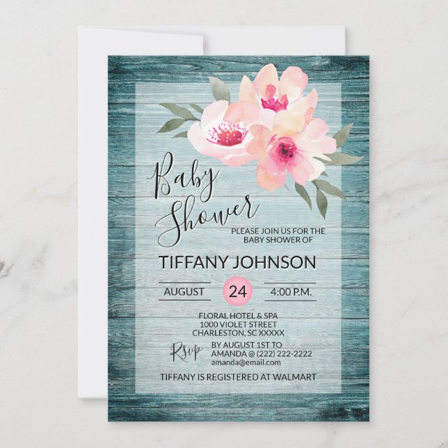 Watercolor Floral Pink Blue Rustic Baby Shower Invitation (Front)