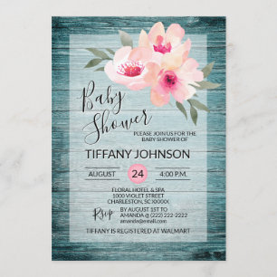 Watercolor Floral Pink Blue Rustic Baby Shower Invitation