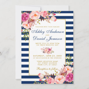 Watercolor Floral Pink Blue Striped Gold Wedding Invitation