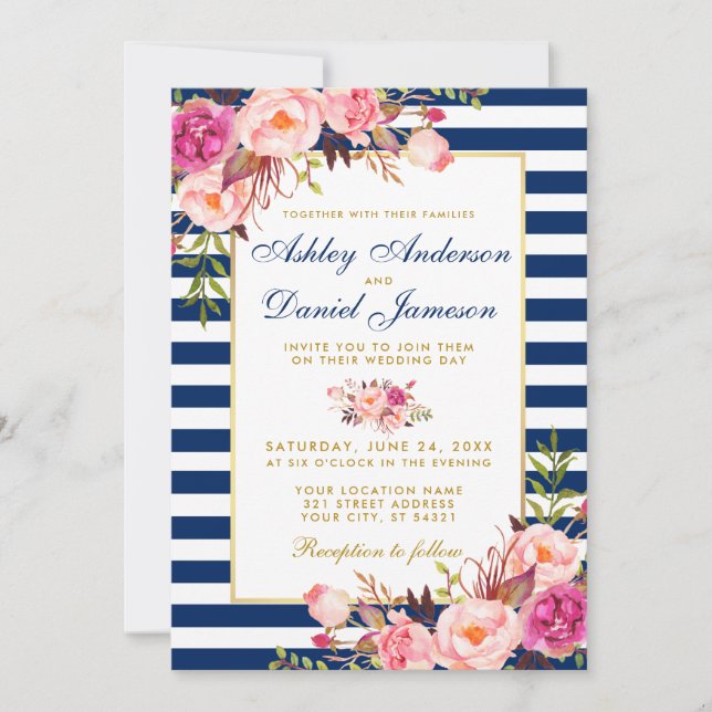 Watercolor Floral Pink Blue Striped Gold Wedding Invitation (Front)