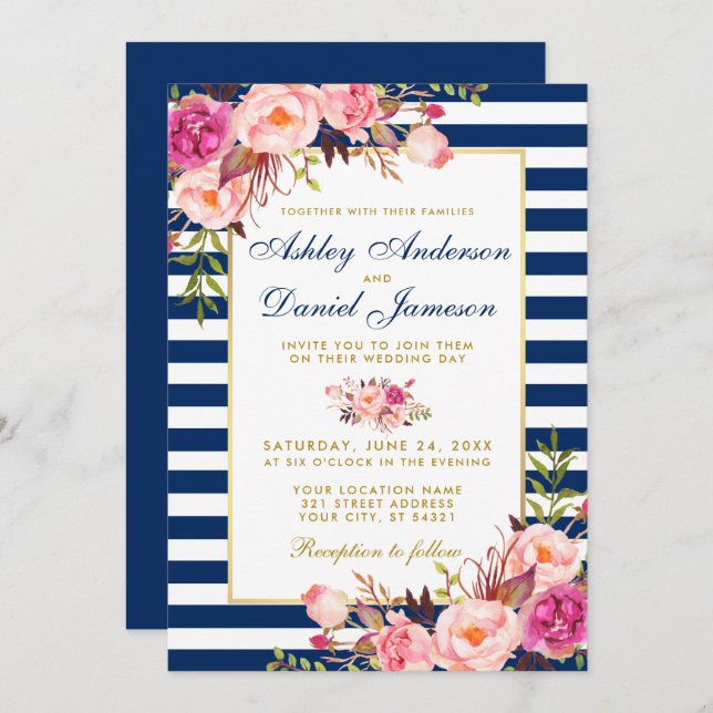 Watercolor Floral Pink Blue Stripes Gold Wedding Invitation (Front/Back)