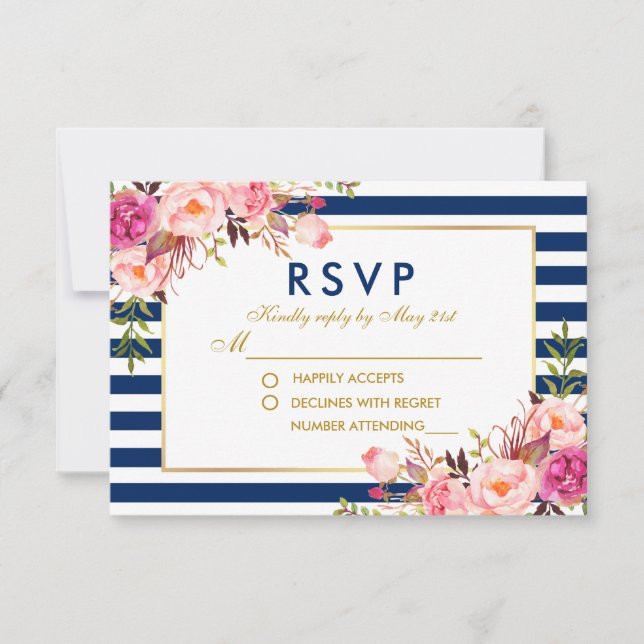 Watercolor Floral Pink Blue Stripes Wedding RSVP (Front)