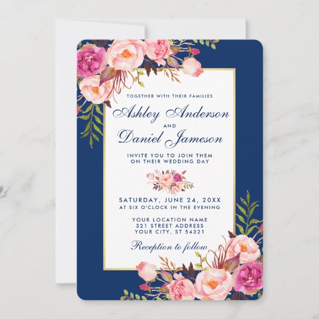 Watercolor Floral Pink Blue Wedding W Invitation (Front)