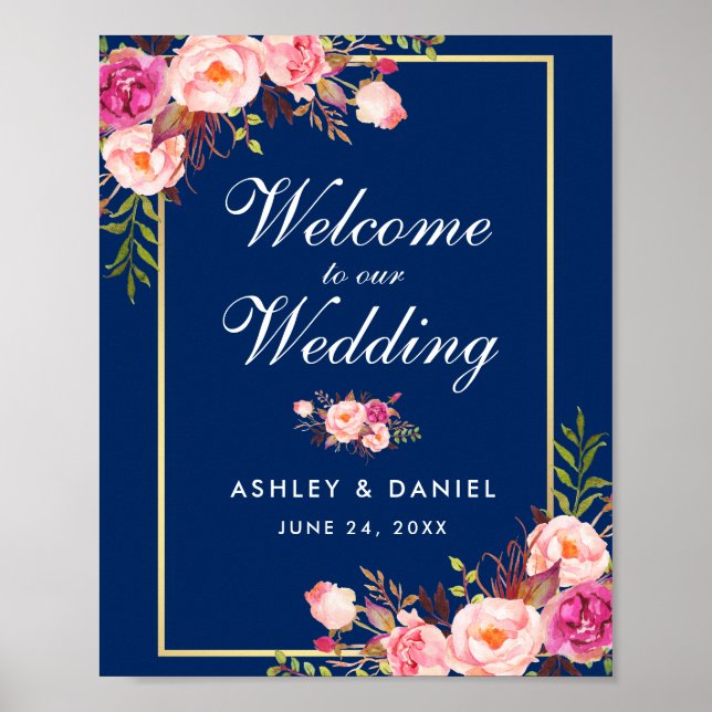 Watercolor Floral Pink Blue Wedding Welcome Poster (Front)