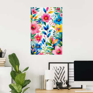Watercolor Floral – Pink Blue Yellow Flowers Poster