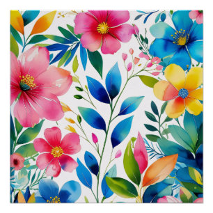 Watercolor Floral – Pink Blue Yellow Flowers Poster