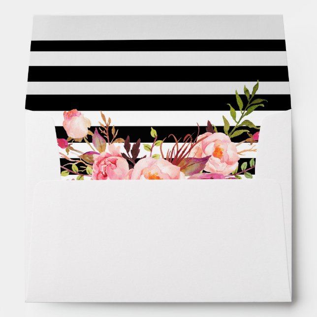 Watercolor Floral Pink Blush Black Stripes Wedding Envelope (Back (Bottom))