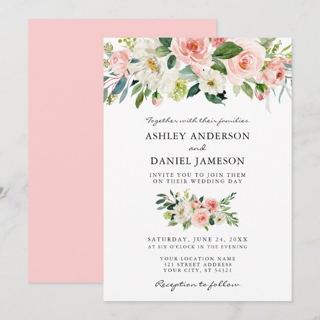 Watercolor Floral Pink Blush Elegant Wedding Invitation (Front/Back)