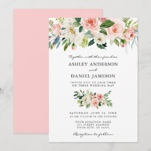 Watercolor Floral Pink Blush Elegant Wedding Invitation