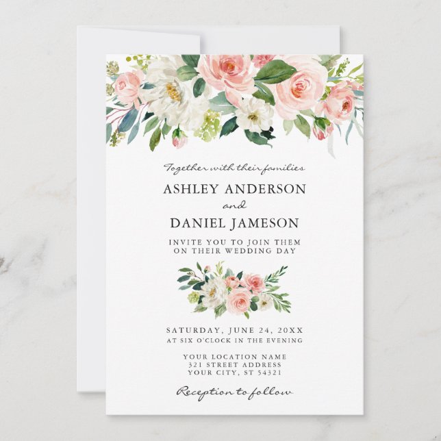 Watercolor Floral Pink Blush Elegant Wedding W Invitation (Front)
