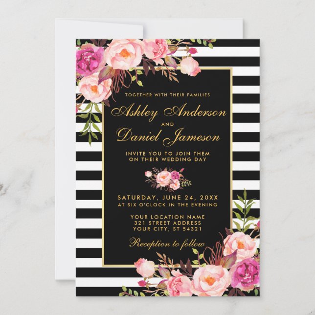 Watercolor Floral Pink Blush Gold Black Wedding Invitation (Front)