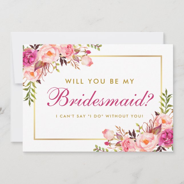 Watercolor Floral Pink Blush Gold Bridesmaid HP Invitation (Front)