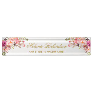 Watercolor Floral Pink Blush Gold Nameplate