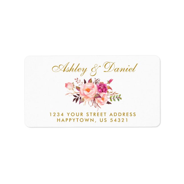 Watercolor Floral Pink Blush Gold Wedding Address Label (Front)