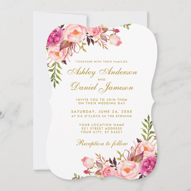 Watercolor Floral Pink Blush Gold Wedding B Invitation (Front)